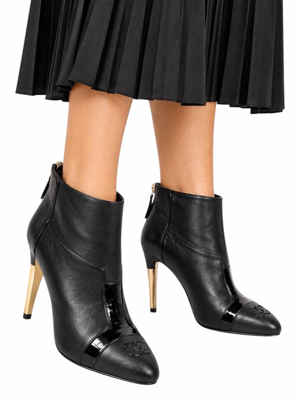 Chanel CC Logo Cap Toe Lamb Leather Heel Ankle Boots Black Size 38